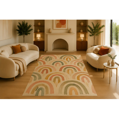 "Ultra Lightweight" 5'x7' Boho Pastel Rainbow Area Rug, Soft Low Pile Indoor Rug with Non-Slip Silicone Backing, Decorative Carpet for Nursery, Living Room, Multicolor