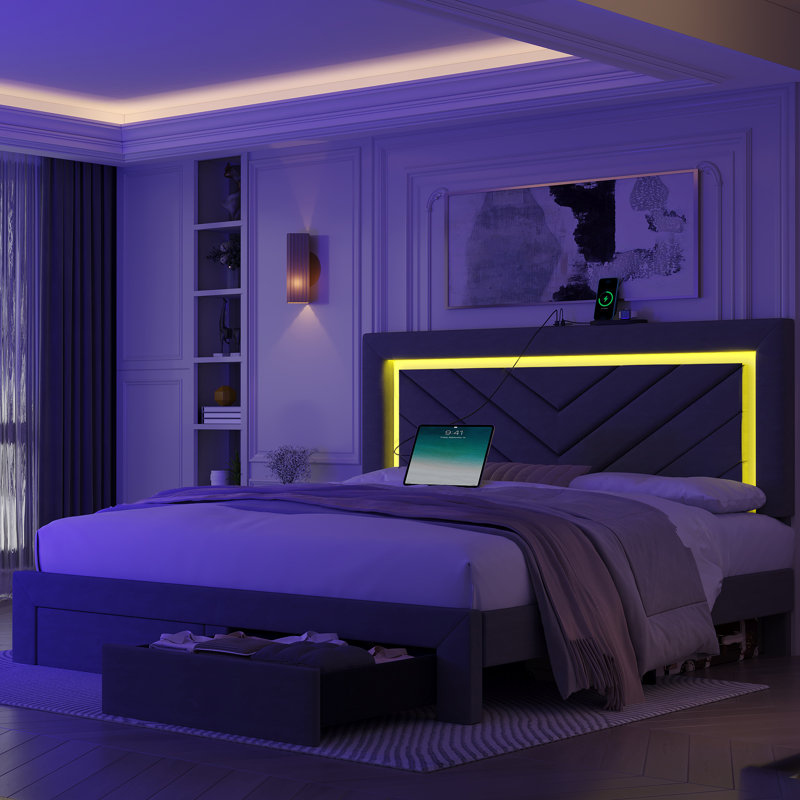 Upholstered Bed Frame with Adjustable Charged LED Headboard and Storage Drawers, Queen, Gray