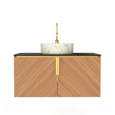 Meuble-lavabo 36 po, armoire de rangement flottante en contreplaqué avec 2 portes, comptoir en pierre frittée noire et lavabo rond en céramique blanche avec motif de pierre