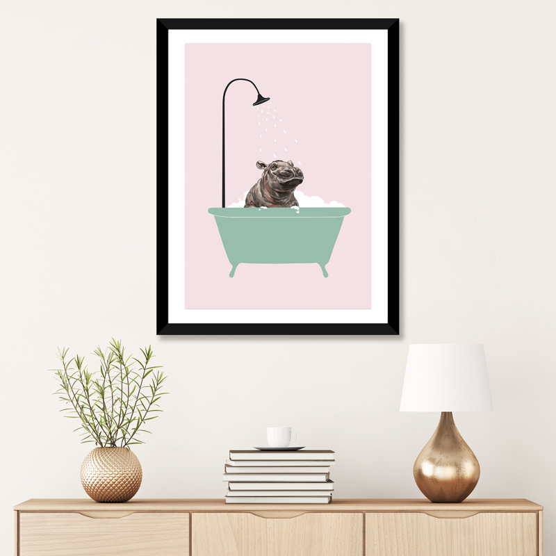 Hippopotame dans une baignoire, art encadré, H 32 po x l 24 po x P 1 po, Papier avec cadre noir