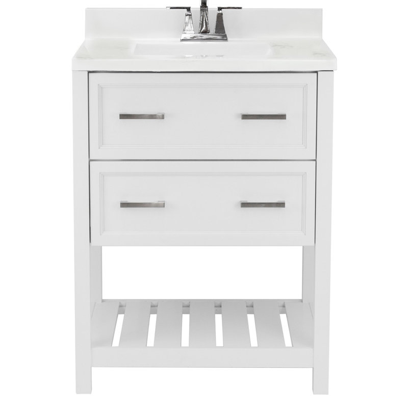 Milan 25'' Single Bathroom Vanity with Solid Surface Top, Carrara Marble, White