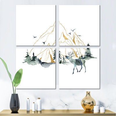 Minimalistic Landscape Of Forest Mountains & Deer - Modern Canvas Wall Art Print 4 Piece Set -  Loon Peak®, 37453E08B8944F5D9413D9509CE3B6BF
