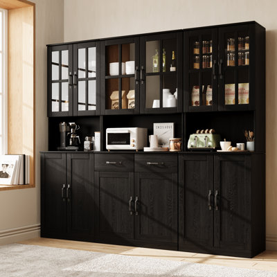  71" H X 78.7" W Kitchen Pantry With Bookcases, Glass Door Kitchen Hutch With Drawer And Spacious Countertops(AEA),Black