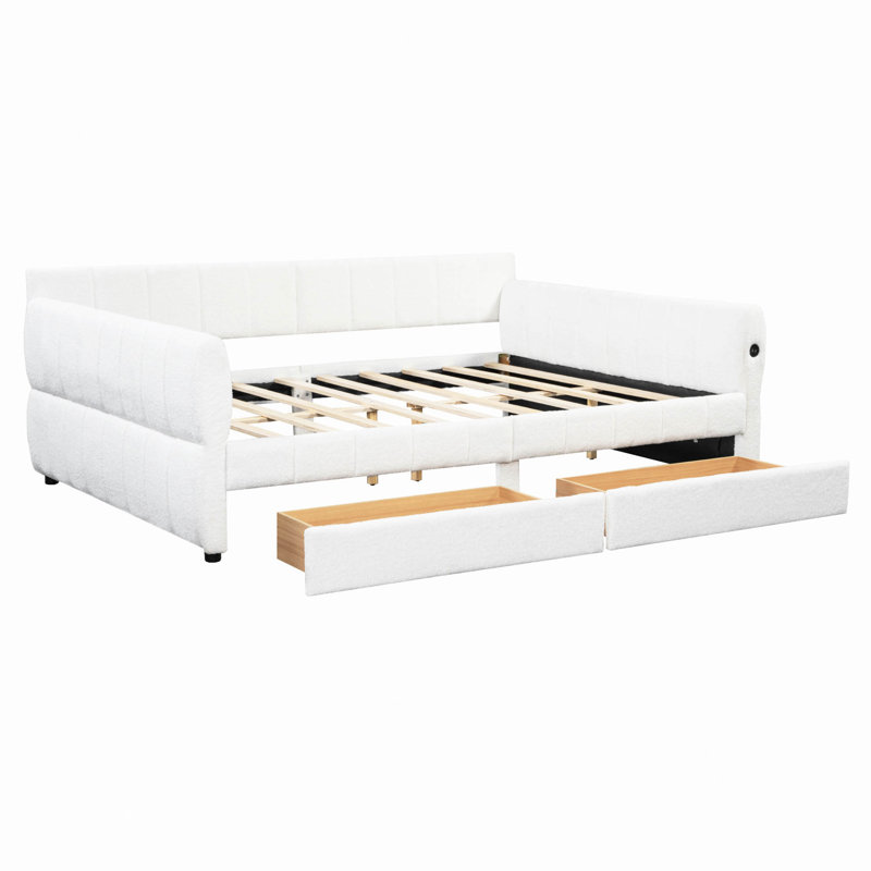 Upholstered Platform Bed With USB And 2 Drawers, White