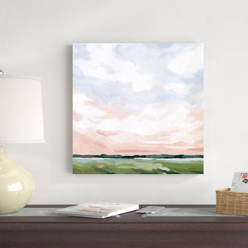 «Pink Morning Horizon II» par Emma Scarvey - peinture sur toile tendue, H 20 po x l 20 po