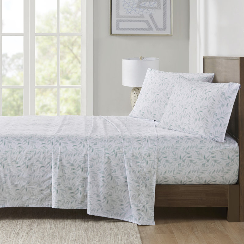 Ensemble de draps 100% coton 200 fils 200 fils, Feuilles vertes, Ensemble de draps pour grand lit avec 2 taies d'or