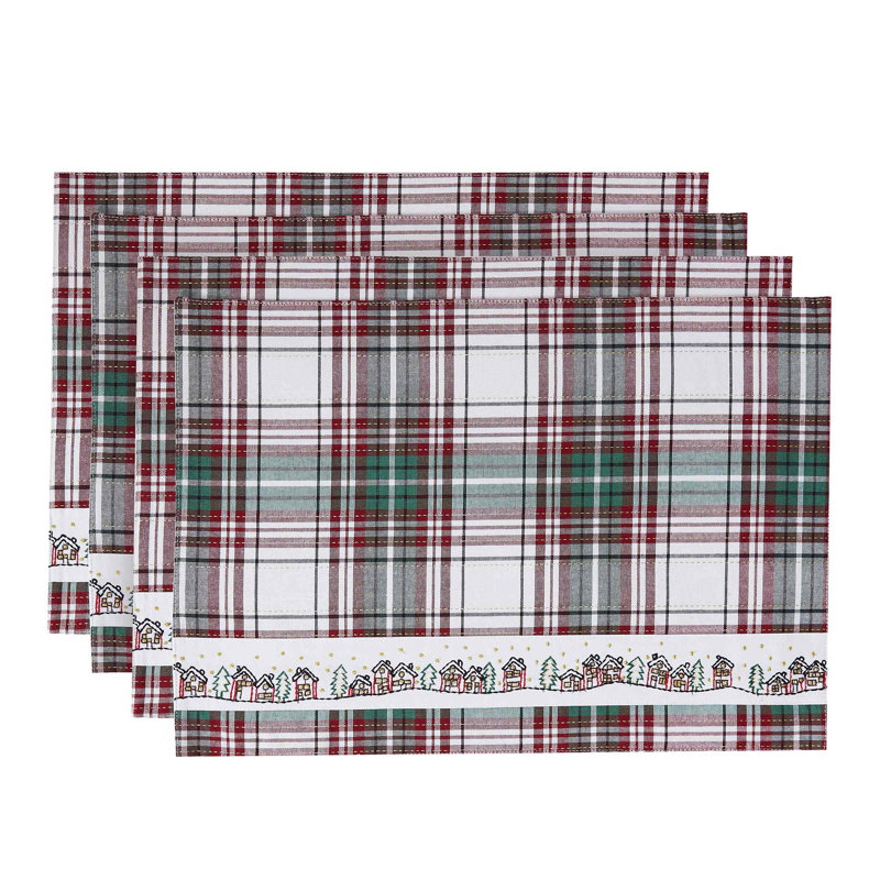 Holiday Plaid Embroidered Cotton Blend Rectangular Placemats Set