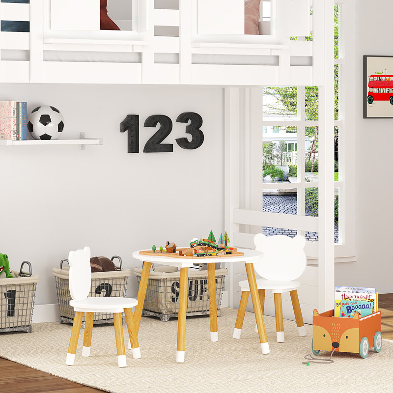 White Wooden Kids Round Table with Bear Chairs, 3-Piece Set