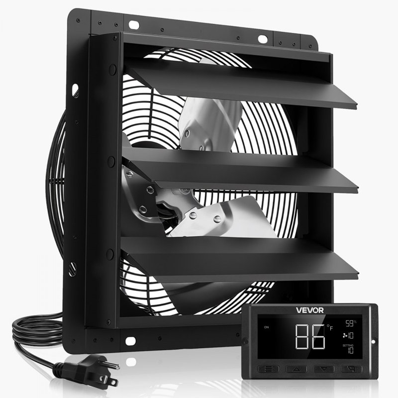 Ventilateur de 10 pouces à obturateur, ventilateur de grenier mural avec contrôle de la température à vitesse variable, 1000 CFM, moteur EC, minuterie, pour remise, garage, serre chaude, noir