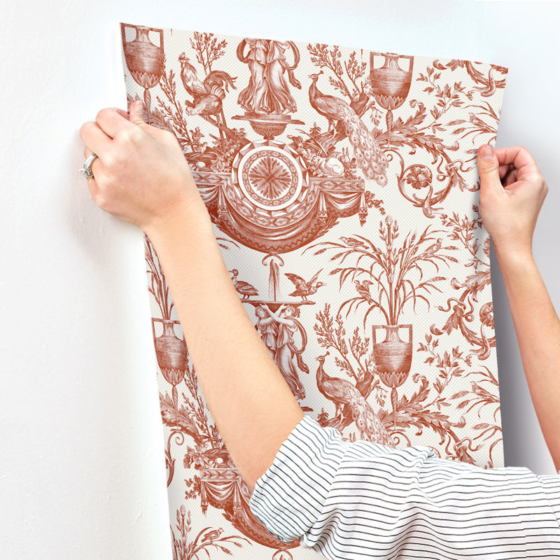Avian Fountain Toile Wallpaper Roll, Brick