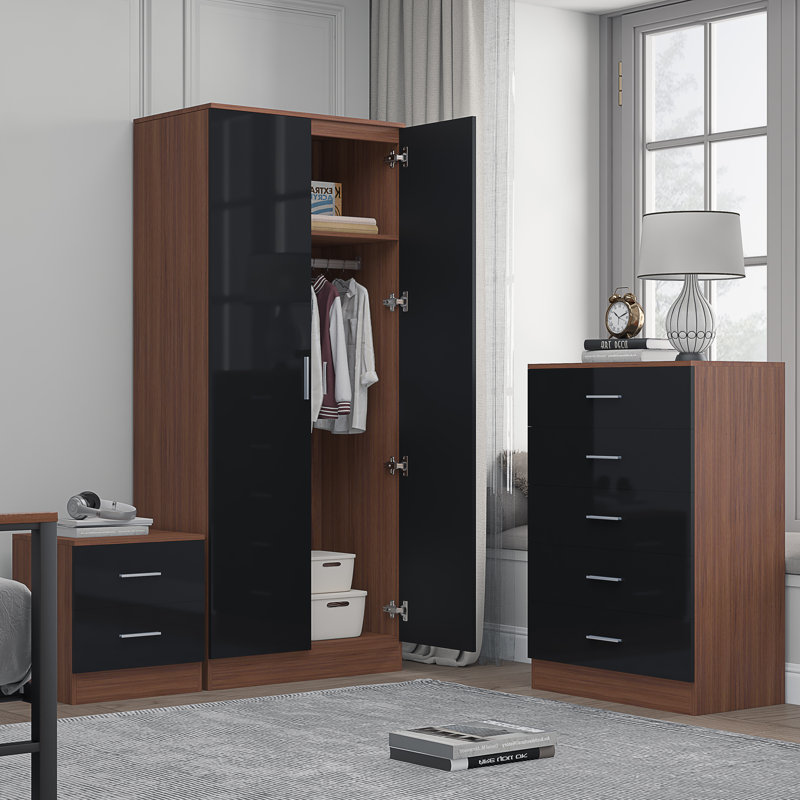 Eva Piece Bedroom Set, Black Gloss / Walnut