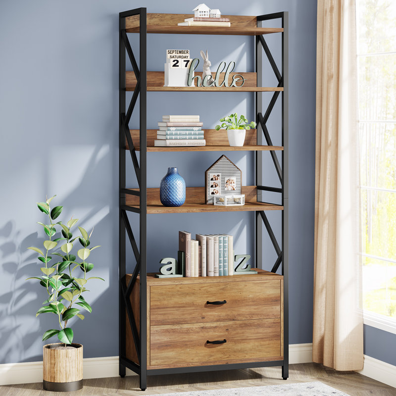 2 Drawer Bookcase Tall Bookshelf, Brown/Black