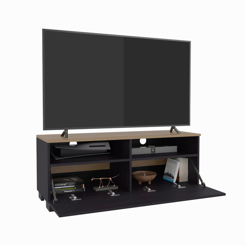 Meuble télé moderne Colman avec tablettes ouvertes et profil compact, console multimédia minimaliste pour le salon ou la chambre à coucher, chêne naturel