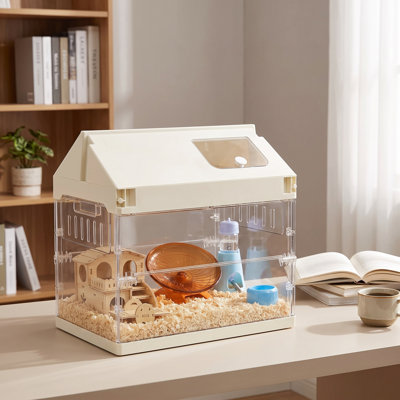Villa Style Clear Acrylic Hamster Cage, Full Transparent Small Pet Habitat with Top Flip Window, Large Space for Dwarf Syrian Hamster Gerbil Decor
