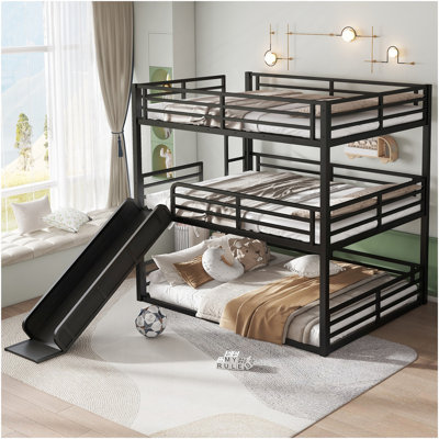 Queen Over Queen Over Queen Bunk Bed With Slide, Metal Triple Bunk Bed With Safety Guardrails, Heavy-Duty Bunk Bed With Noise-Reduced Design, Black