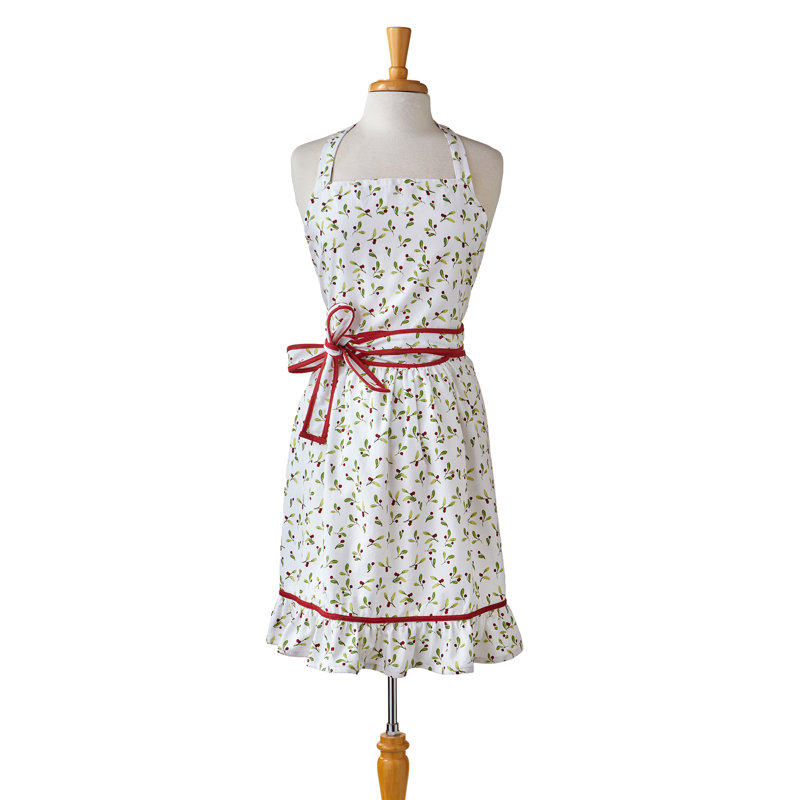 Winter Berries Ruffle Apron White Cotton Christmas