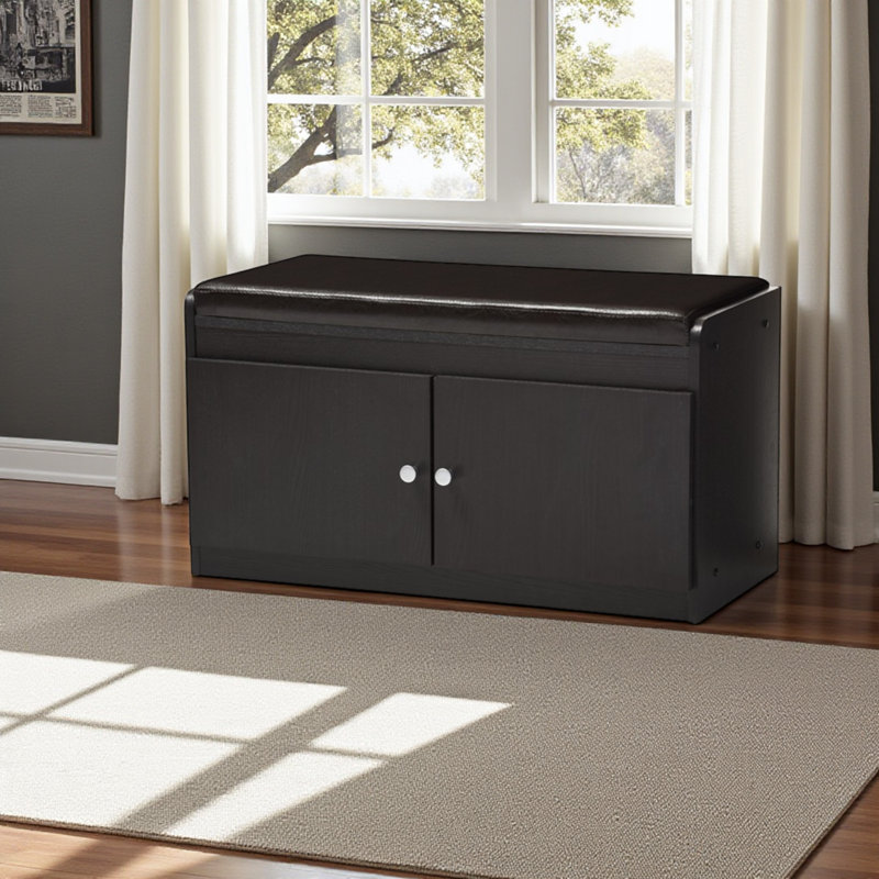 Lush 2-Door Shoe Cabinet Faux Leather Seating Bench in Dark Brown, 16.75" H X 31.03" W X 13.92" D