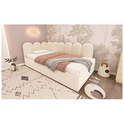 Twin Size Upholstered Daybed with Pull-Out Trundle, Beige Velvet and Metal Frame