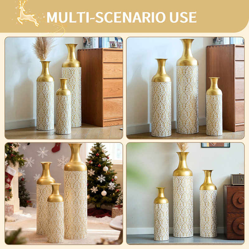 Ensemble de 3 vases à fleurs en métal doré blanc avec motif en relief, pièce maîtresse de table de luxe moderne pour le salon, ornements de cheminée