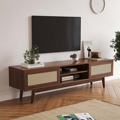 Meuble télé 75 po en rotin, meuble télé en bois avec rangement, meuble télé moderne Mid-Century pour le salon, console multimédia Boho, avec gestion des câbles