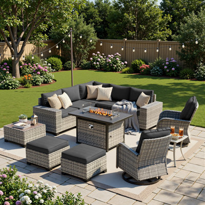 12-Piece Outdoor Modular Sectional Patio Conversation Set With Fire Pit Table, Swivel Rocker Chairs & Ottomans