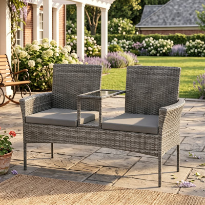 2-Seat Outdoor Wicker Loveseat with Glass Top Coffee Table & Soft Cushions, Built-in Storage Shelf, Weather-resistant Rattan Frame for Patio Porch Backyard, Gray
