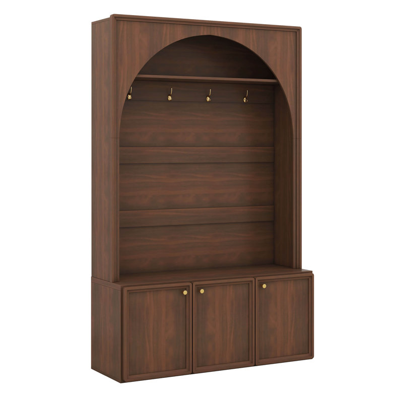 Arched Mudroon Coat Rack With Storage Bench, Hall Tree With 4 Golden Hooks, 3 Cabinets And Adjustable Shelves, Walnut
