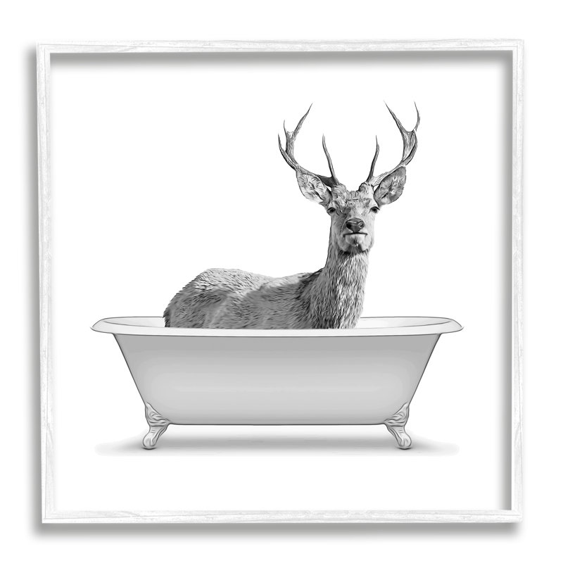 " Woodland Deer Antique Bath Tub " by Annalisa Latella, 12" H x 12" W x 1.5" D, Coastal White Framed Giclee