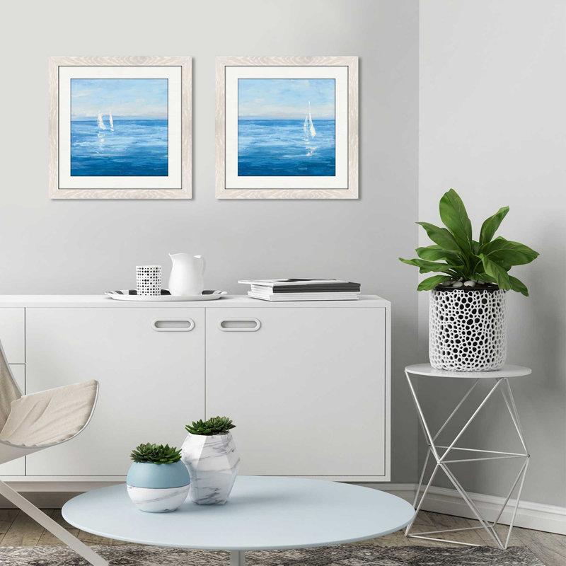 «Open Sail with Turquoise», ensemble de 2 reproductions de peintures à l'acrylique encadrées, Blanc mat