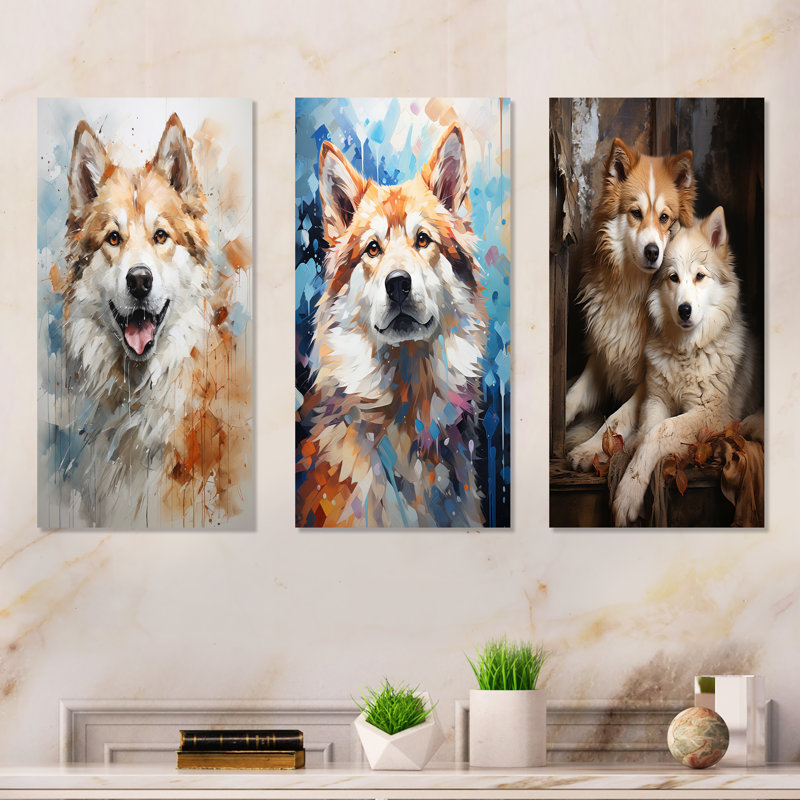 Chien Akita Affection - ensemble de 4 reproductions d'art mural, H 28 po x l 36 po, Toile tendue