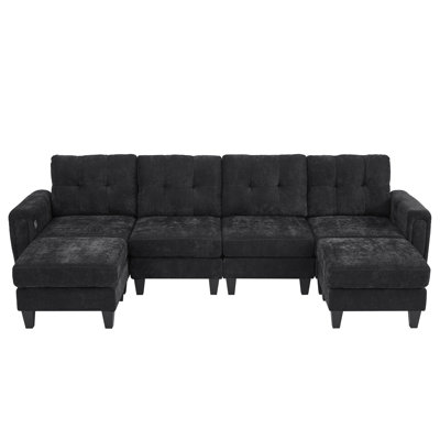 Modern Sectional Sofa 115" U-Shaped Sofa Upholstered Sofa Couch With Two Movable Ottomans, USB Ports And Side Tables For Living Room, Black