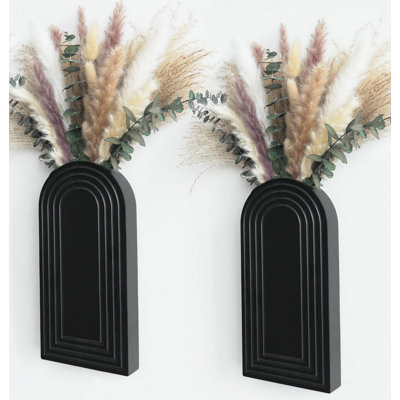 Wooden Vases with Pampas Grass and Eucalyptus, Boho Decor for Living Room, Rustic Art for Home Decoration, Set of 2 (Black)
