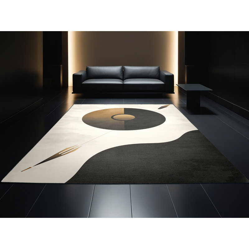 Soft Plush Durden Bronze Shield Spear Minimalist Area Rug in Beige – Black Binding, 7x10