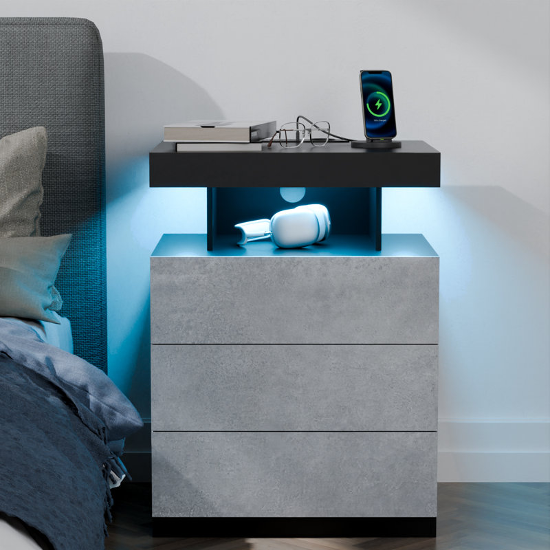 Chappa Manufactured Wood Nightstand with Wireless Charging Station, LED Lights and 3 Drawers, Gray/Black