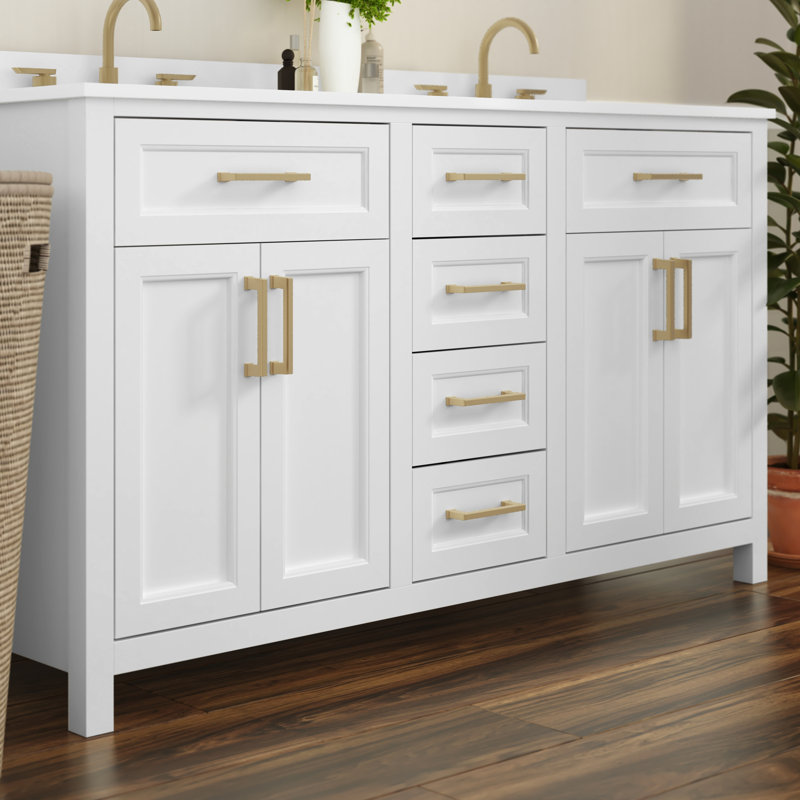 White Double Bathroom Vanity with Gold Hardware and Marble Top
