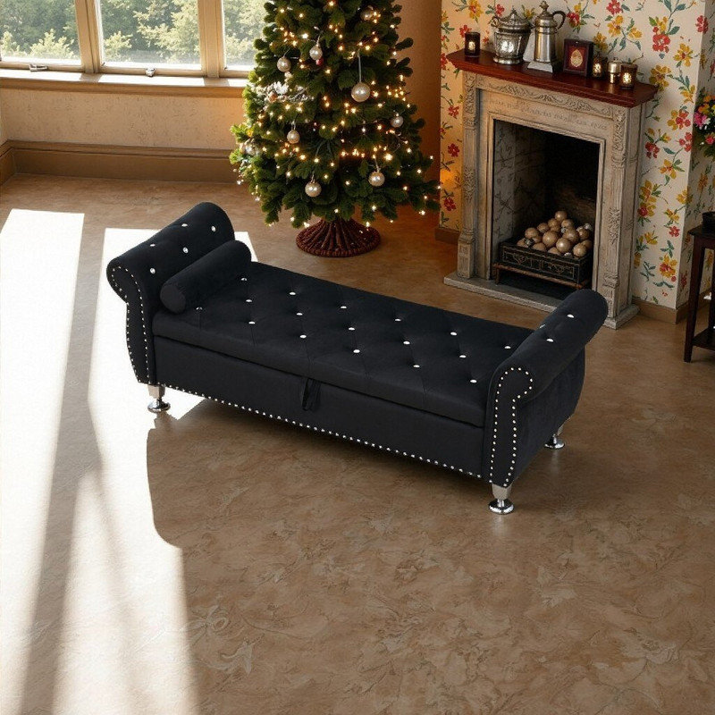 Velvet Upholstered Storage Ottoman Bench With Crystal Buttons, Wood Frame, Metal Legs, Black