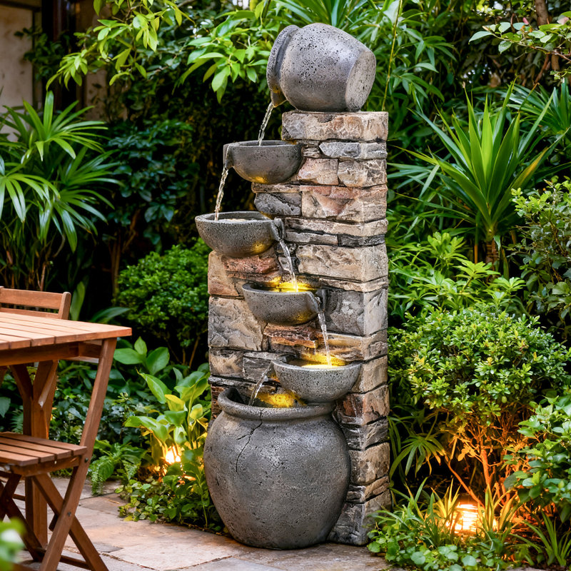  45" Cascading Water Fountain - 5-tier Outdoor Stacked Stones & Clay Pot Fountain With Led Light & Pump,for Garden,patio,porch,backyard,home Art Decor Grey