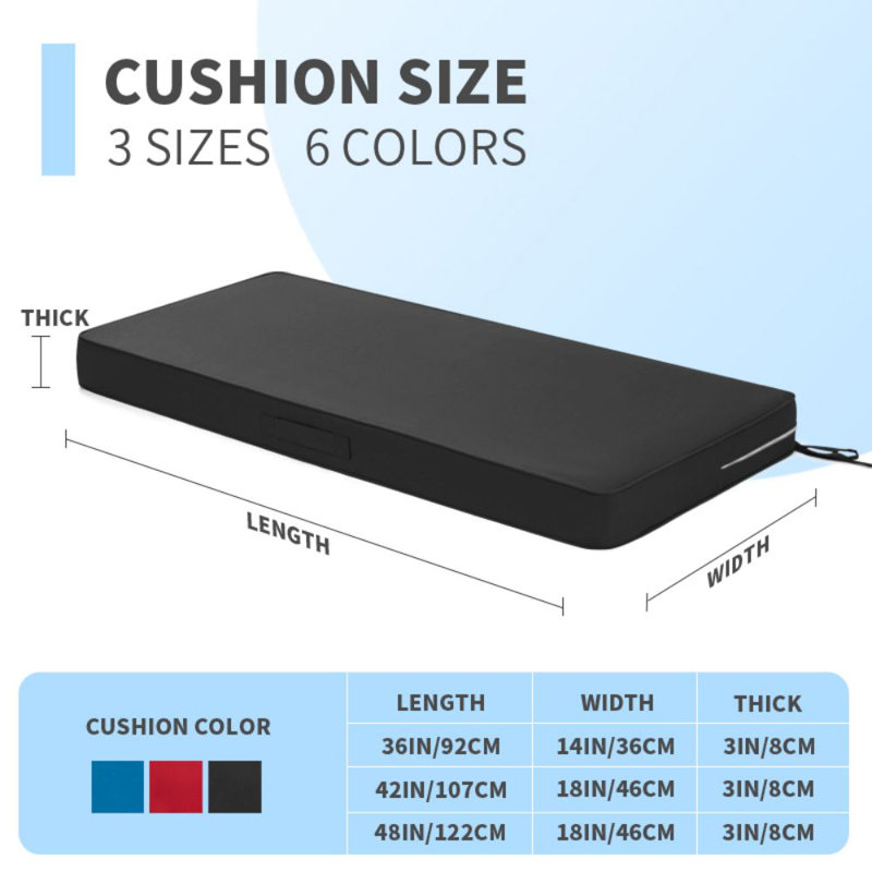 Outdoor bench cushion, waterproof and fade-resistant balcony cushion with a non-slip bottom and ties; the bench comes with a removable cover,dimensions: 42“ x 18” x 3"; black
