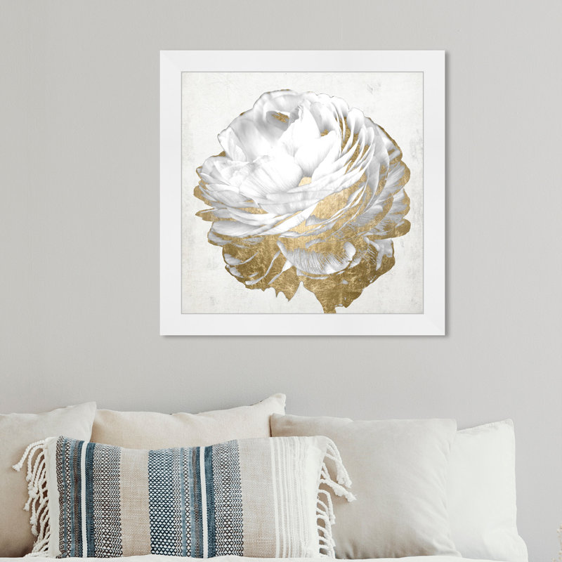 Or et lumière blanche florale - Peinture encadrée sur papier, H 14 po x l 14 po, Cadre blanc