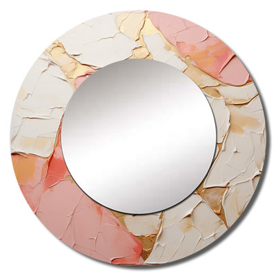Pink White Minimalism Poteries - Abstract Spirals Large Wall Mirror, Pink Round Decorative Mirror, Printed Metal Art