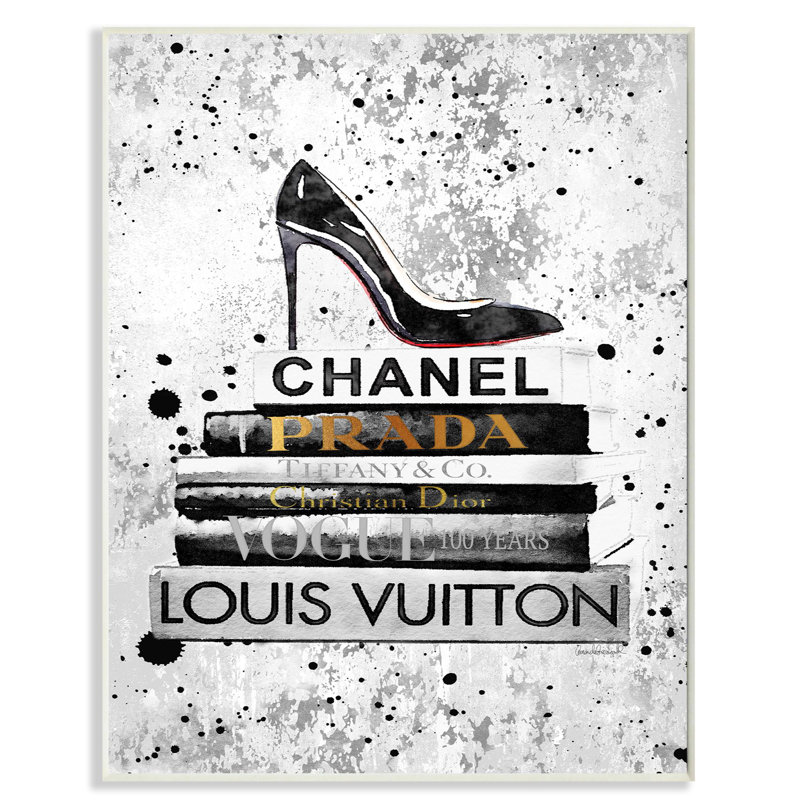« mode stylisé chaussures bookstack black textured », impression, Plaque de bois, H 15 po x l 10 po x P 0,5 po