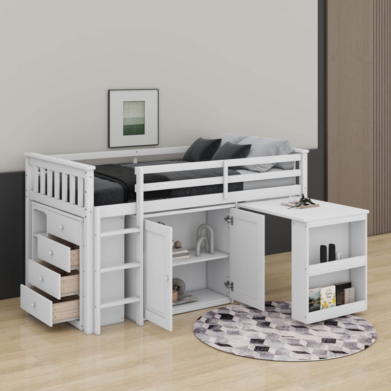 Lit superposÃ© avec meuble de rangement, meuble Ã  tiroirs et Ã©tagÃ¨res et bureau coulissant, Blanc