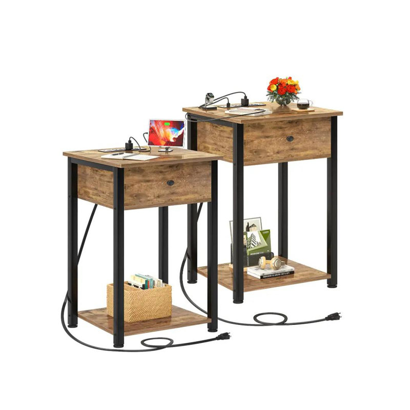 Ensemble de tables de bout à 1 tiroir avec rangement et prises encastrées Frame, Brun