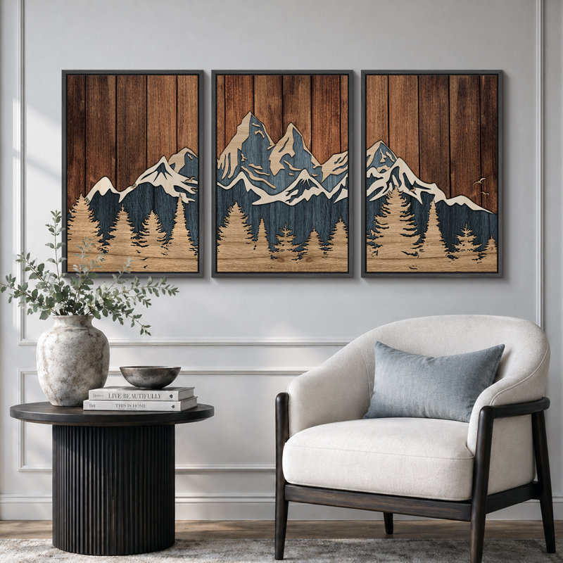 «Western Wood Effect Landscape», œuvre d'art de la forêt de montagne abstraite brune, images murales de cabane de ferme rustique, ensemble de 3 impressions sur toile encadrées