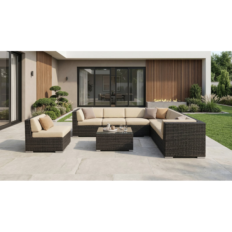 Ensemble de conversation en osier pour 7 personnes avec coussins Billyjo Wicker, Noir, Toile Sunbrella® beige antique