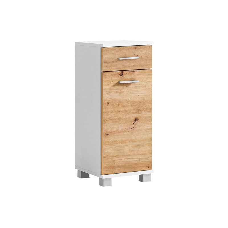Hafley Freestanding Bathroom Cabinet, Matte White/Artisan Oak Decor/Silver