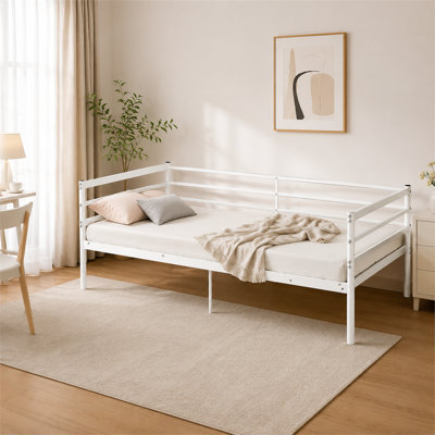 White metal bed frame—no box spring required; ideal for small apartments, shared rooms, and guest rooms..