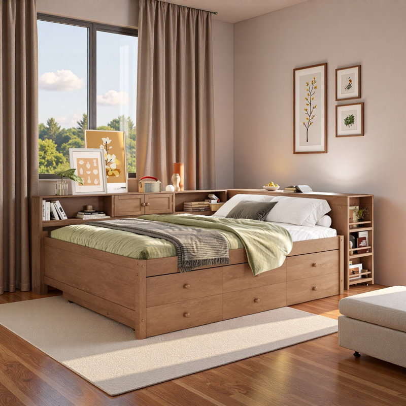 Wood Daybed With Storage Drawers, Side Shelves, Desk And Trundle, Full/Double, Vintage Brown