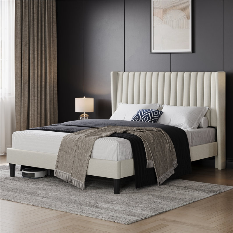 Upholstered Bed Frame with Wing Side, Beige, King