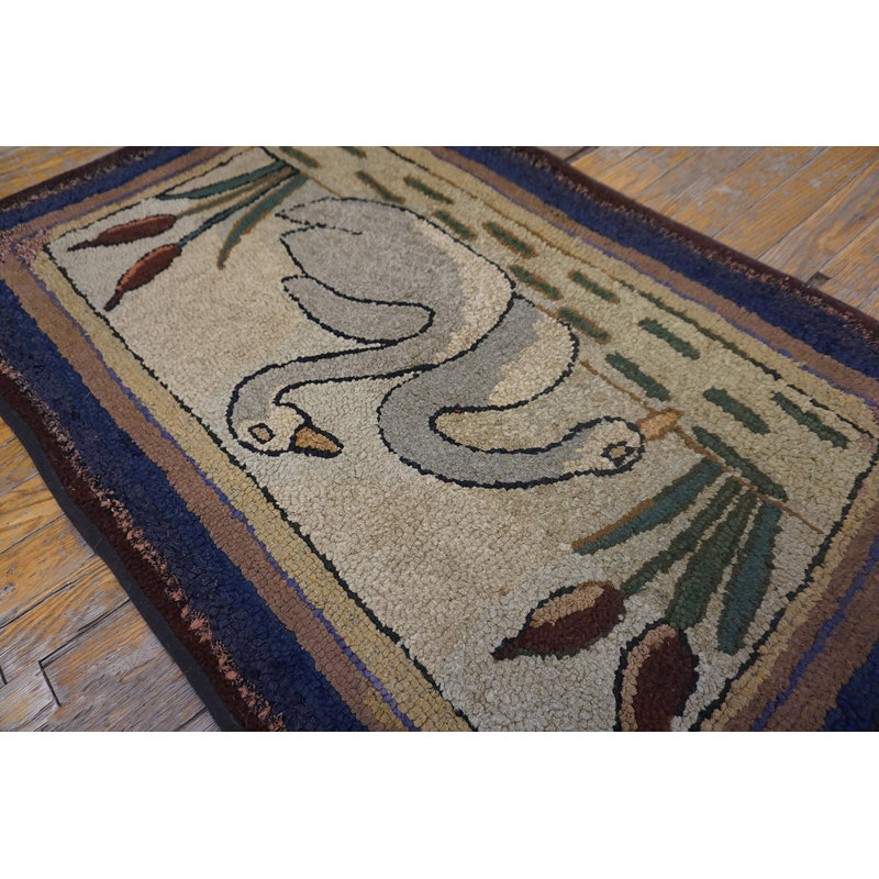 Small Artistic Pictorial White Swans Antique Folk Art American Hooked Rug